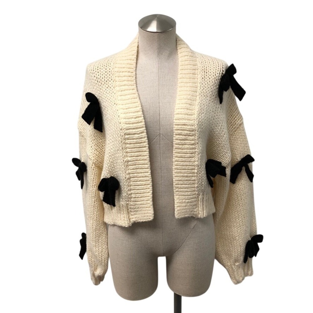 Maeve Anthropologie Cardigan Womens One Size Ivory Black Bow Chunky Knit Open